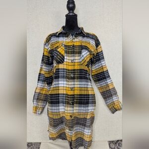 Jolie & Joy Mustard Yellow Plaid Flannel Shacket - Raw Hem - Medium
